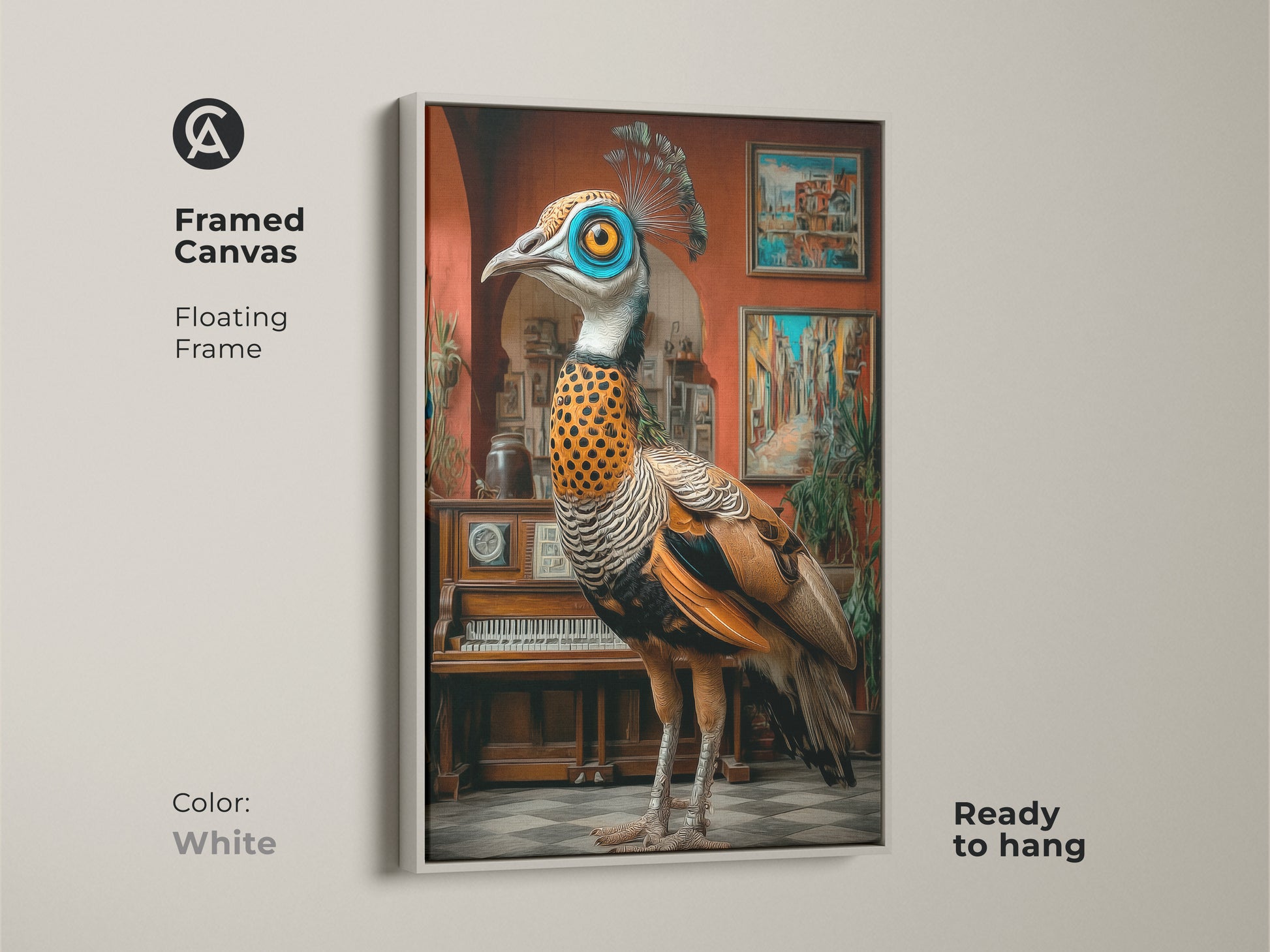 Framed in white this surreal peacock canvas is ready to hang. The ornate bird artwork offers eclectic study room decor with blue orange and teal hues. A unique gift for art lovers the floating frame enhances the animal themed wall art. Its a sophisticated touch to any space.