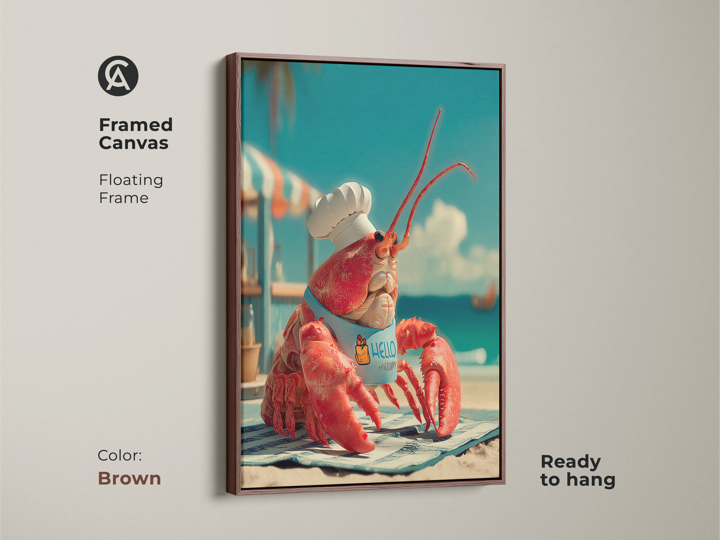 Brown framed canvas art featuring a lobster chef. This floating frame enhances the artwork of a lobster wearing a chef's hat and apron. Ready to hang this piece adds a fun nautical touch. The brown frame provides a warm rustic look.