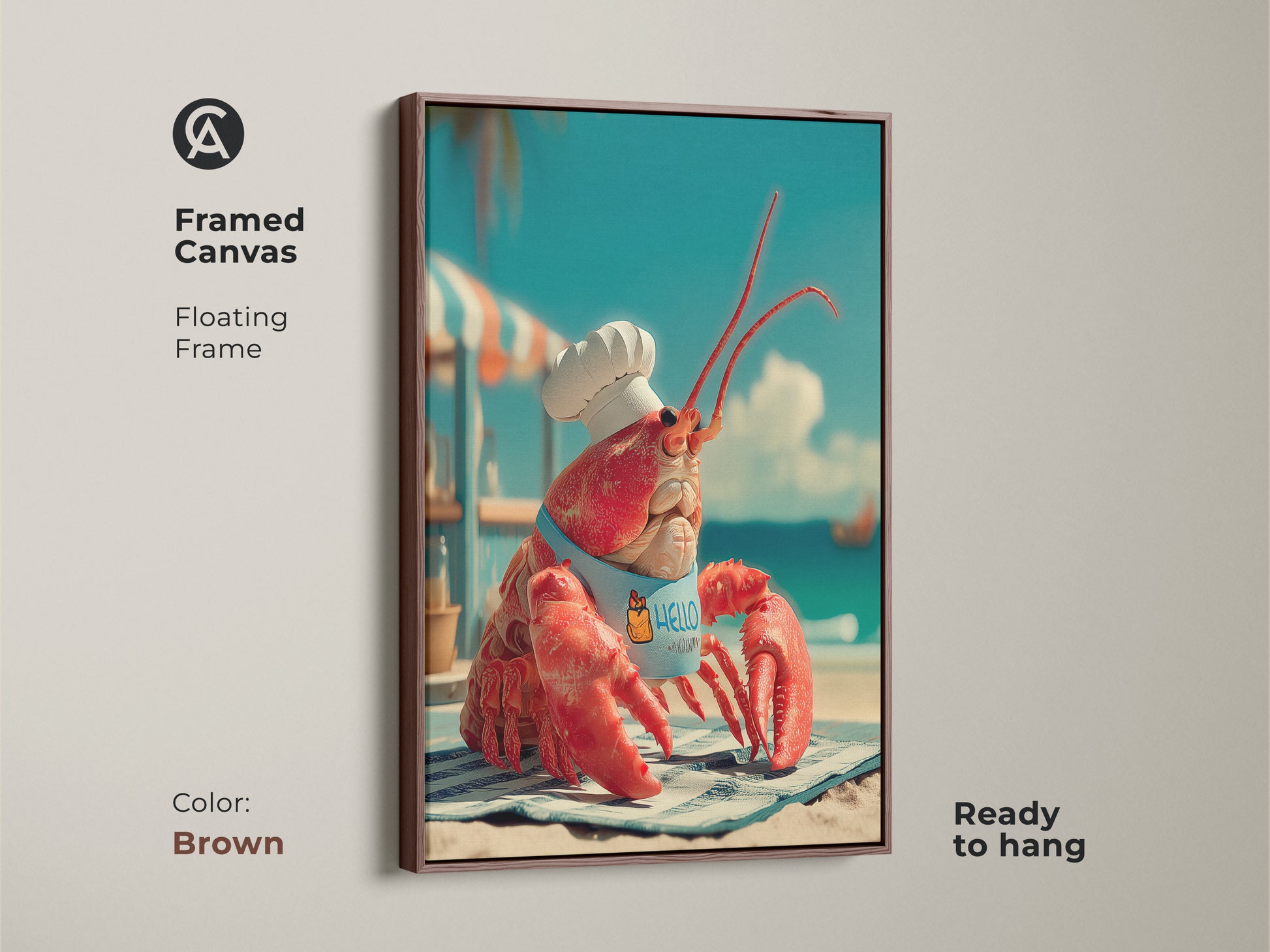 Brown framed canvas art featuring a lobster chef. This floating frame enhances the artwork of a lobster wearing a chef's hat and apron. Ready to hang this piece adds a fun nautical touch. The brown frame provides a warm rustic look.