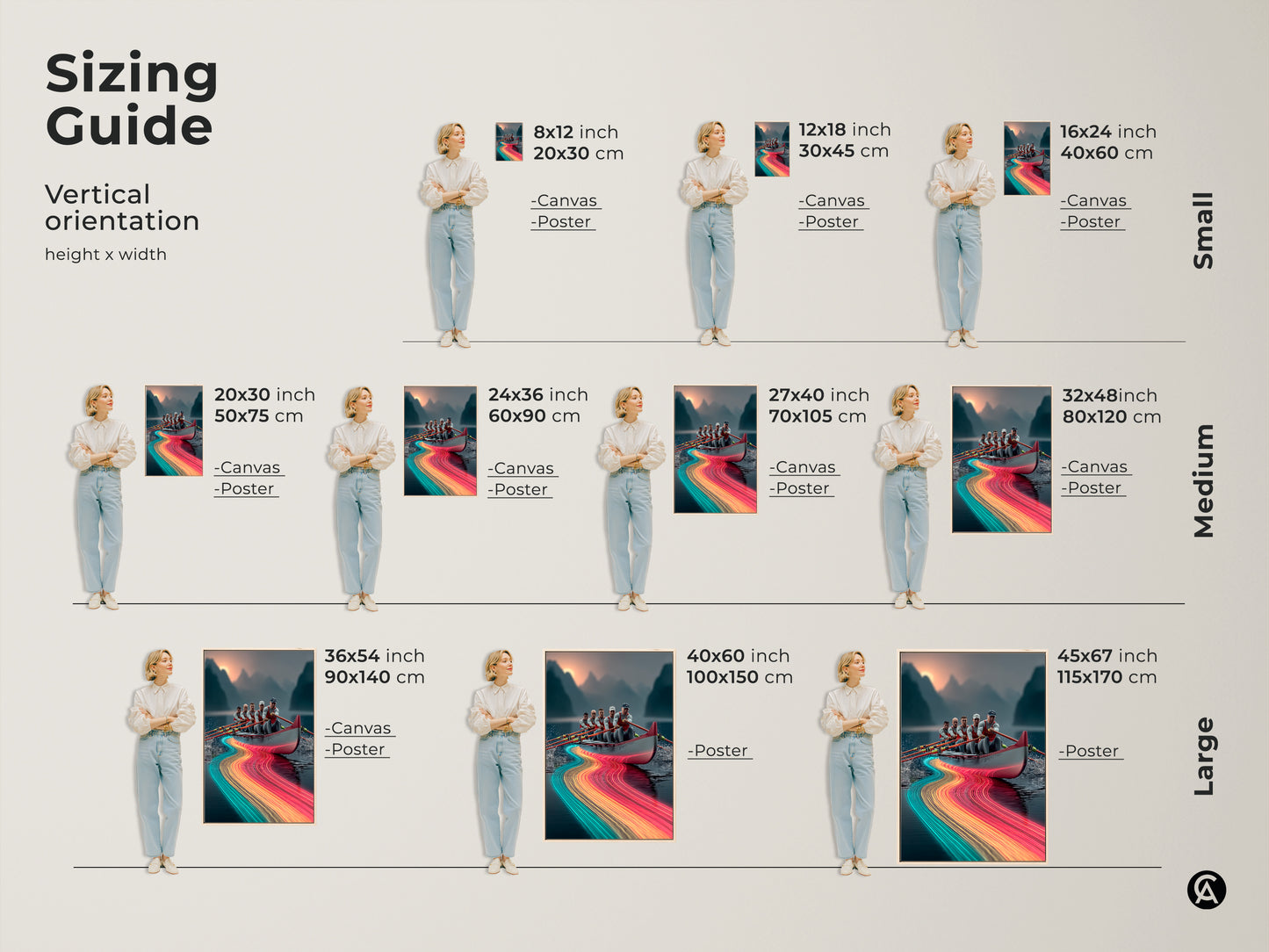 A sizing guide shows vertical orientation. Height and width are measured in inches and centimeters. There are examples of small medium and large canvases or posters. See all the sizes available here.