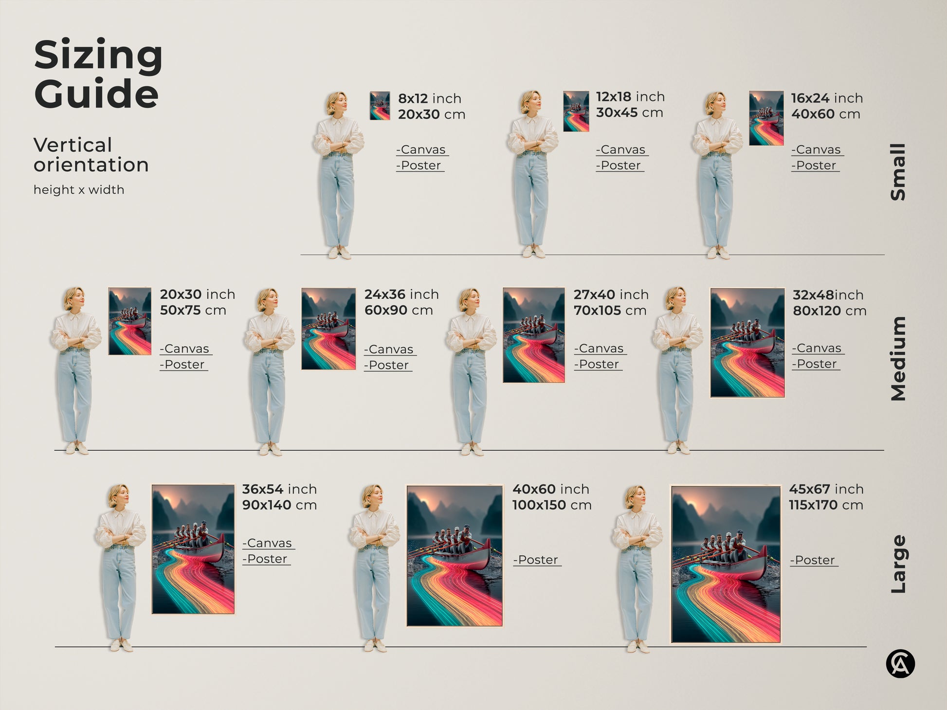 A sizing guide shows vertical orientation. Height and width are measured in inches and centimeters. There are examples of small medium and large canvases or posters. See all the sizes available here.