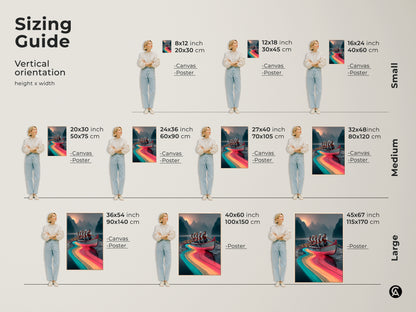 A sizing guide shows vertical orientation. Height and width are measured in inches and centimeters. There are examples of small medium and large canvases or posters. See all the sizes available here.