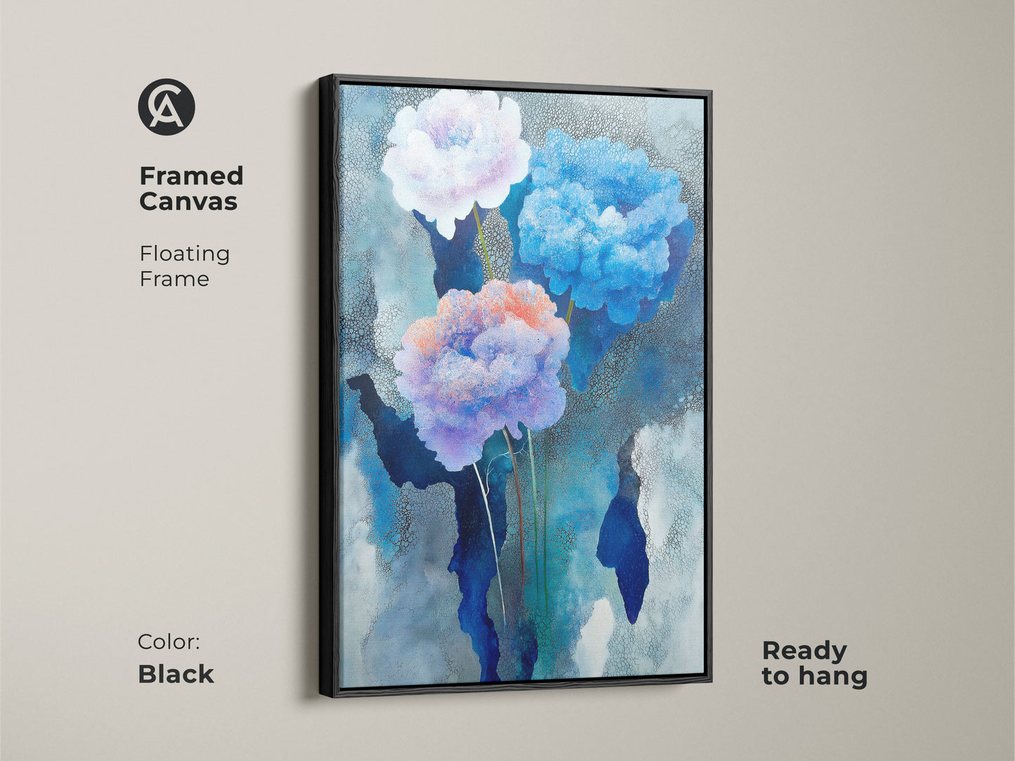 Abstract floral motif displayed in sky blue peony wall art. Contemporary floral decor as modern bedroom wall art. Plant lover gift idea is calming nature artwork.