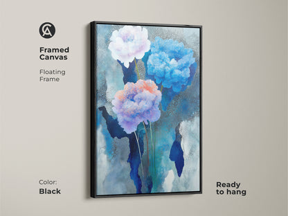 Abstract floral motif displayed in sky blue peony wall art. Contemporary floral decor as modern bedroom wall art. Plant lover gift idea is calming nature artwork.