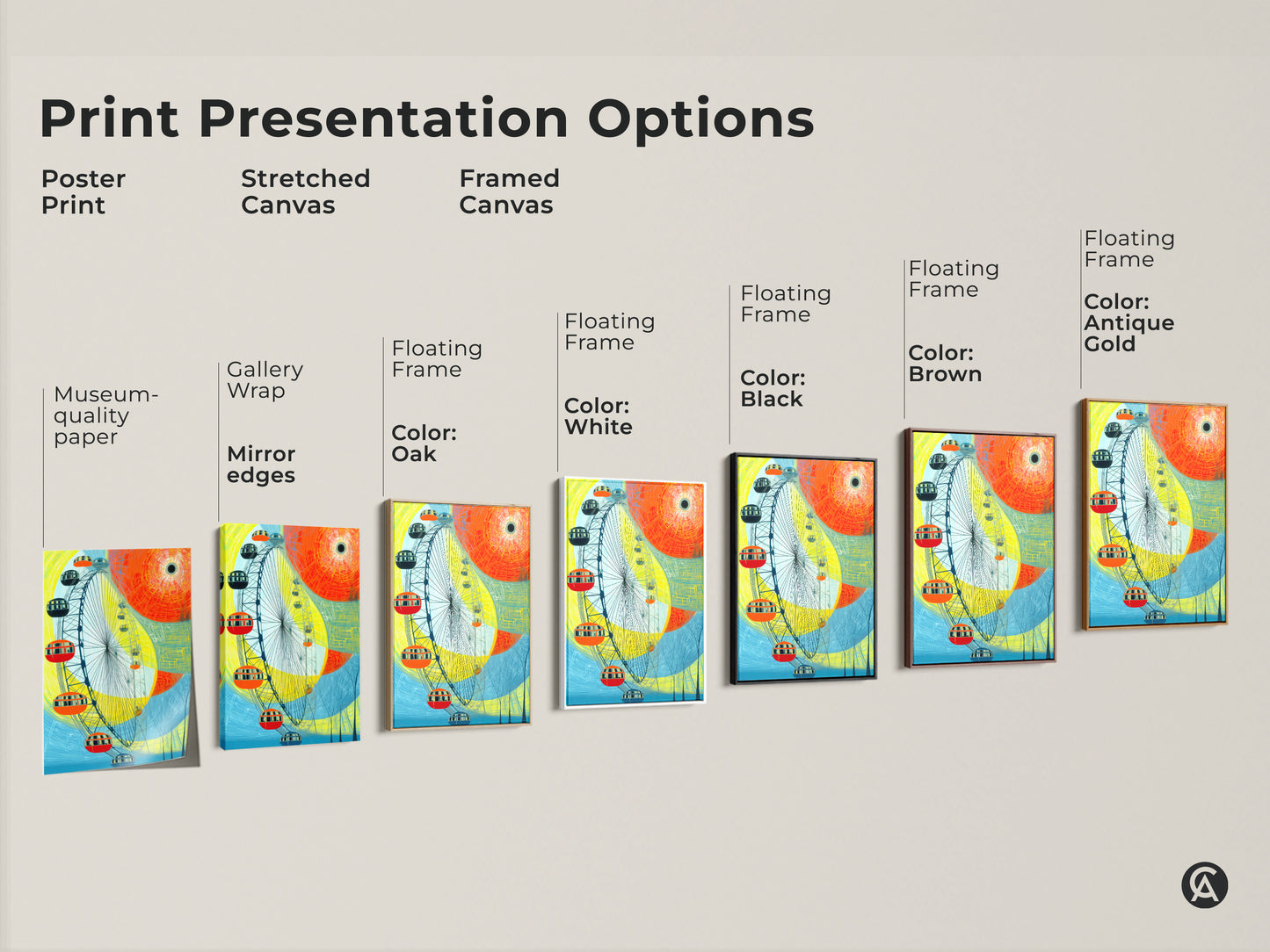 Explore print presentation options including poster prints stretched canvas and framed canvas. Discover various colors for floating frames enhancing the abstract Ferris wheel artwork. Museum quality edges and mirror wrapped options highlight this vibrant yellow orange and blue modern art.