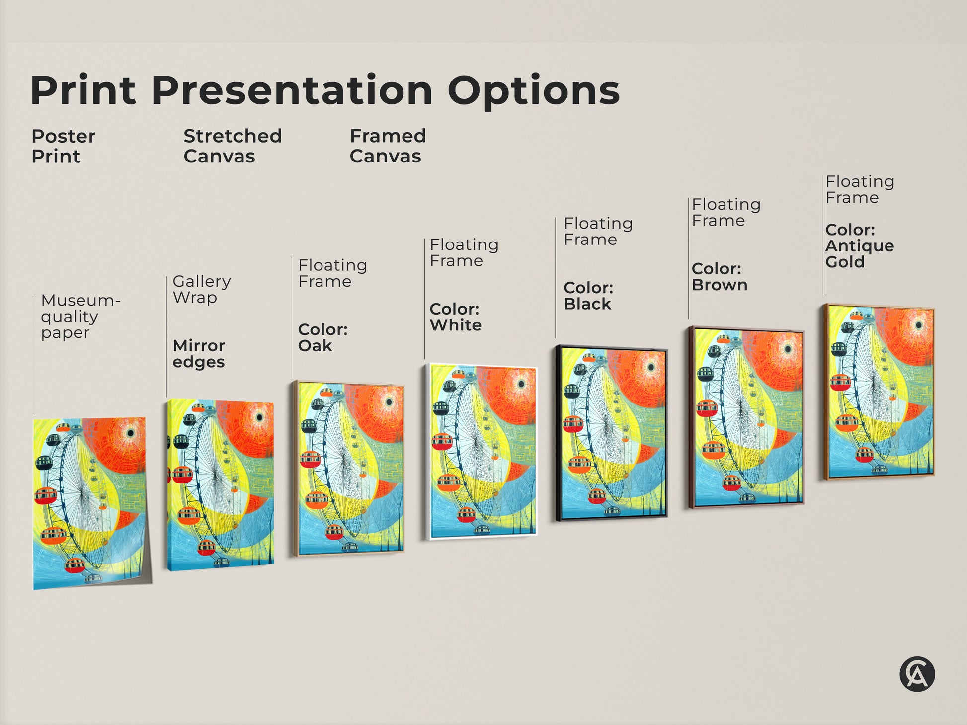 Explore print presentation options including poster prints stretched canvas and framed canvas. Discover various colors for floating frames enhancing the abstract Ferris wheel artwork. Museum quality edges and mirror wrapped options highlight this vibrant yellow orange and blue modern art.