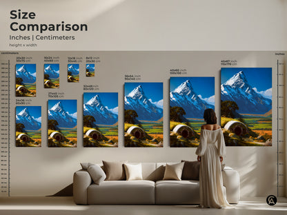 Size comparison of fantasy hobbit hole art prints in inches and centimeters. Visualize the canvas and poster sizes to enhance your wall decor. Perfect for any room in your home.