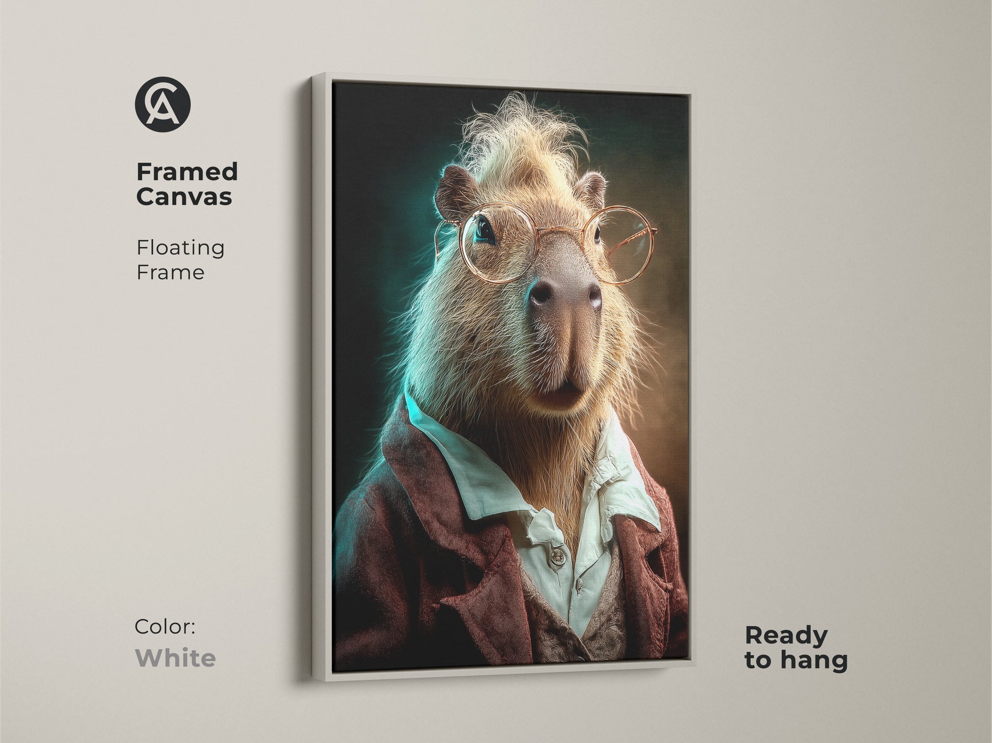 A print presentation options chart that includes poster prints stretched canvas and framed canvas. The art features a capybara in glasses wearing a jacket. This makes a great animal lovers gift