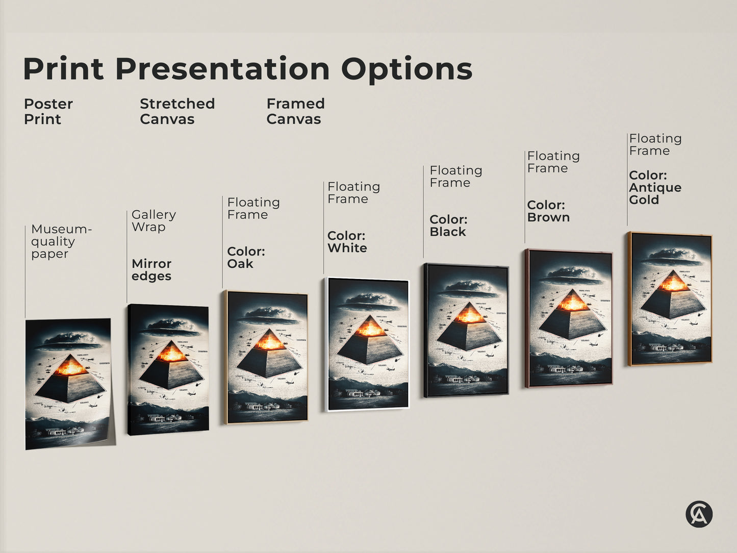 Explore print presentation options for surreal pyramid and aircraft art. Choose from poster stretched canvas and framed canvas formats. Find floating frames in oak black brown antique gold & white. Each museum-quality paper offers gallery wrap or mirror edges. Perfect for eclectic homes offices and unique gifts.