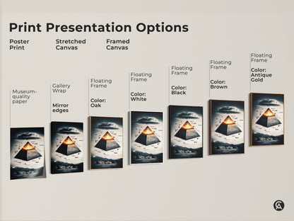 Explore print presentation options for surreal pyramid and aircraft art. Choose from poster stretched canvas and framed canvas formats. Find floating frames in oak black brown antique gold & white. Each museum-quality paper offers gallery wrap or mirror edges. Perfect for eclectic homes offices and unique gifts.