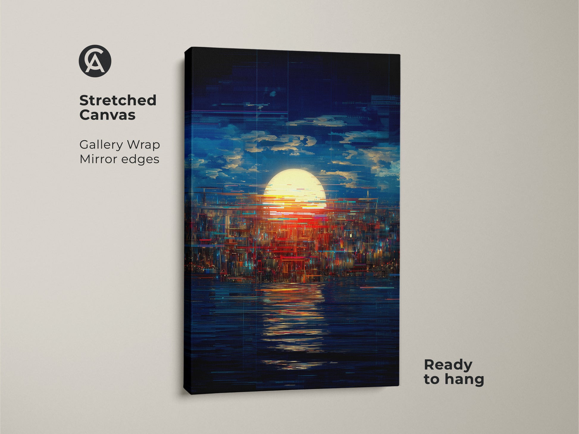 Stretched canvas showcasing glitch art cityscape. This abstract sunset wall art is gallery wrapped with mirrored edges. The blue yellow red tones create modern bedroom decor. Ready to hang.