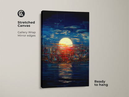 Stretched canvas showcasing glitch art cityscape. This abstract sunset wall art is gallery wrapped with mirrored edges. The blue yellow red tones create modern bedroom decor. Ready to hang.