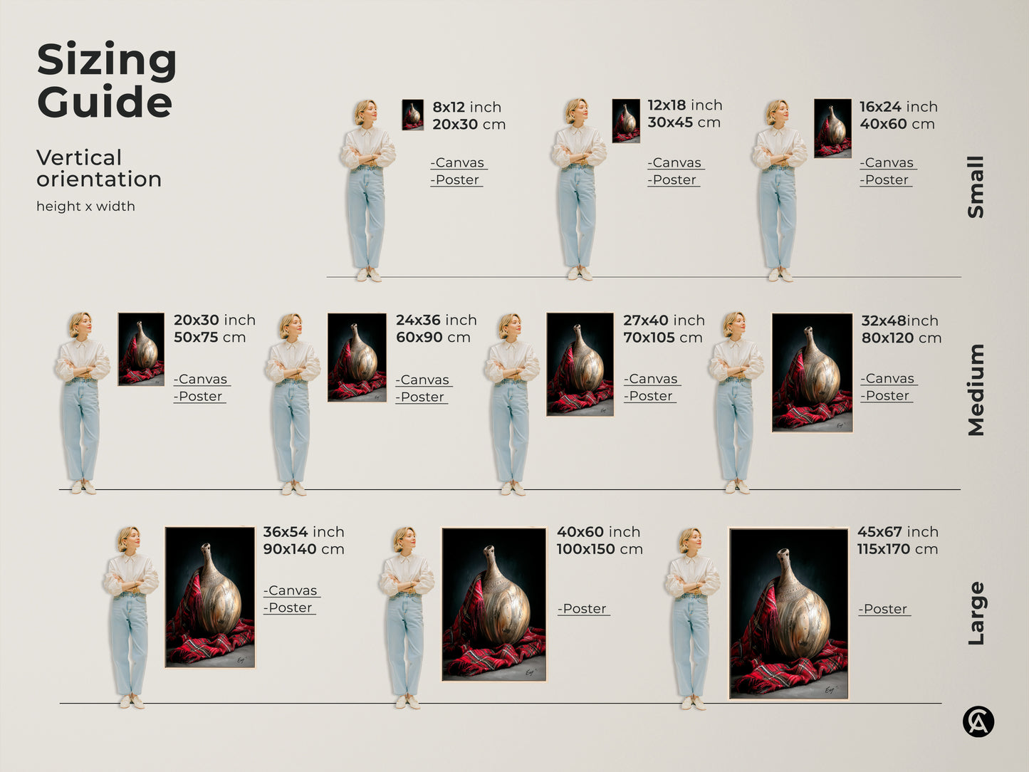 Sizing guide for realistic still life art featuring a pottery vase and red plaid fabric. Visualize various sizes for canvas and poster prints to find the perfect fit for your space sizes from small to large.