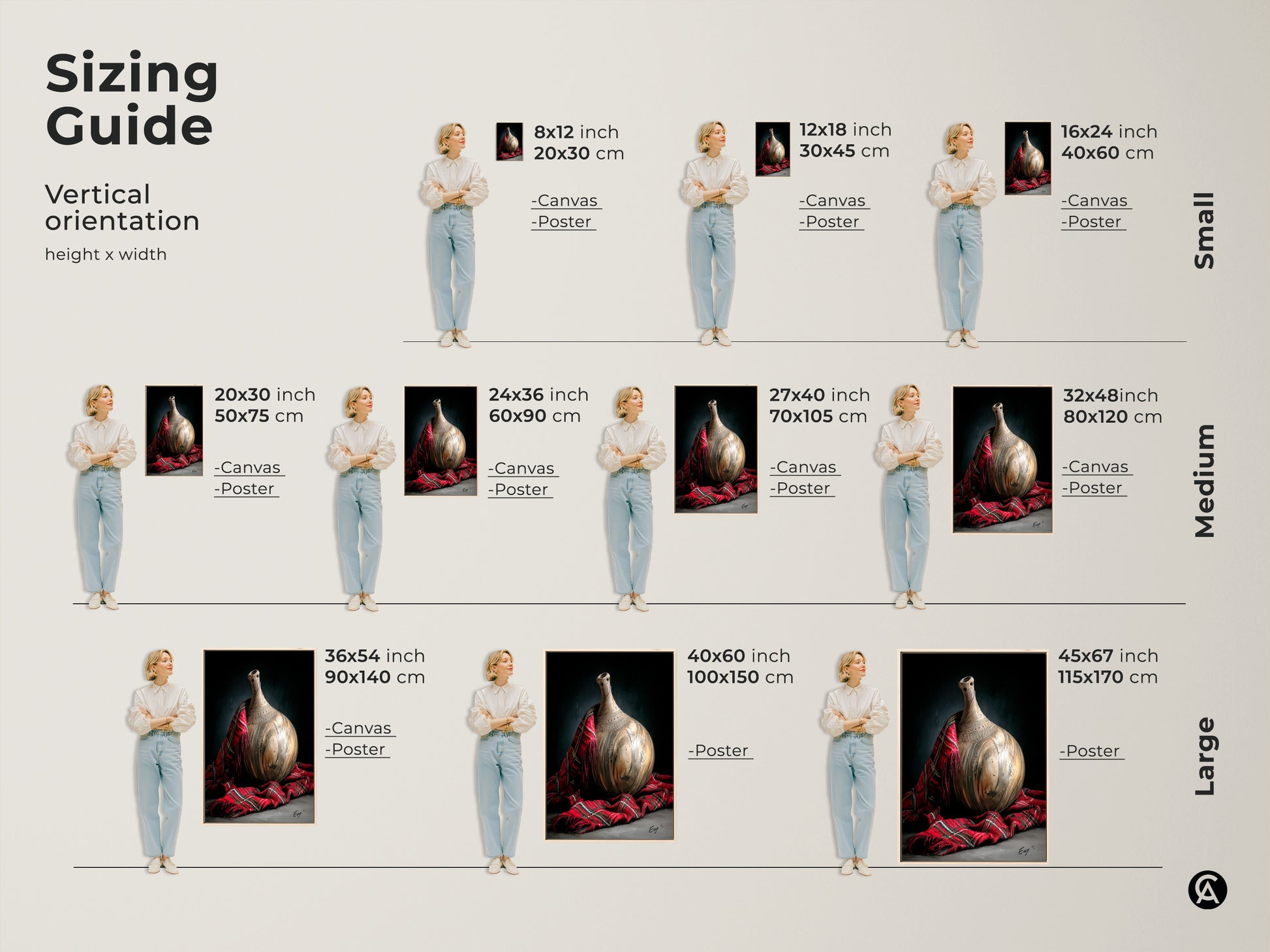 Sizing guide for realistic still life art featuring a pottery vase and red plaid fabric. Visualize various sizes for canvas and poster prints to find the perfect fit for your space sizes from small to large.