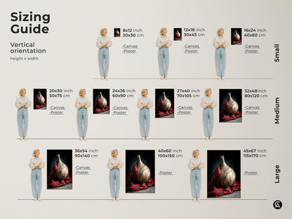 Sizing guide for realistic still life art featuring a pottery vase and red plaid fabric. Visualize various sizes for canvas and poster prints to find the perfect fit for your space sizes from small to large.