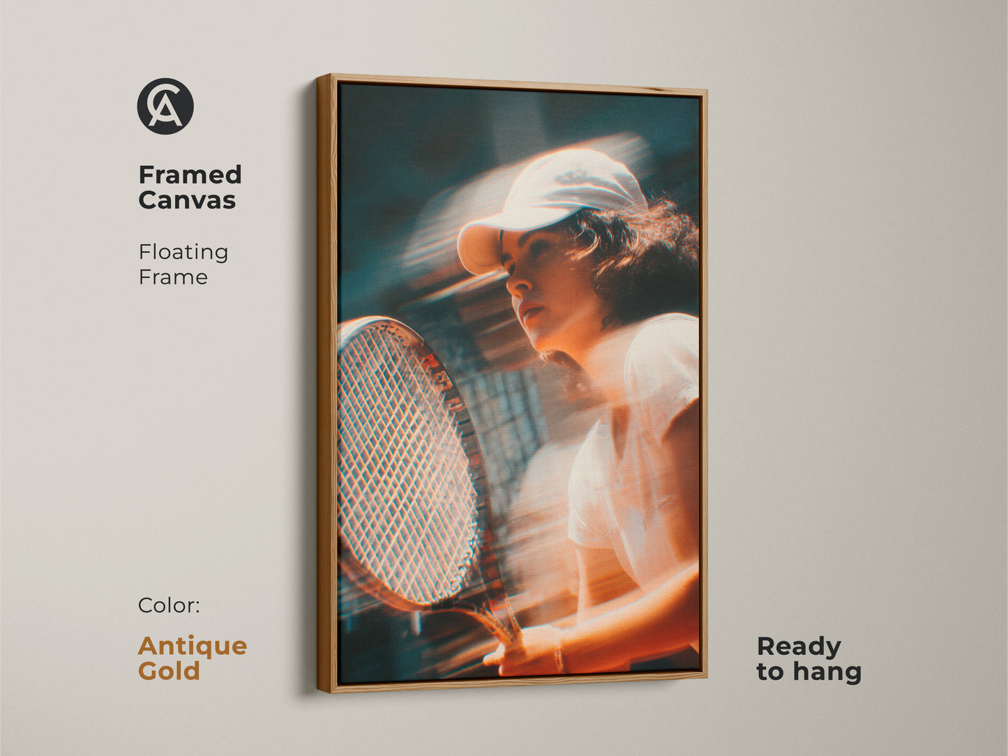 Framed canvas artwork of a tennis player. The floating frame boasts an antique gold finish. This elegant piece adds a touch of luxury to your decor. Ready to hang it brings sophistication to any room. Browse our collection for unique framed art.