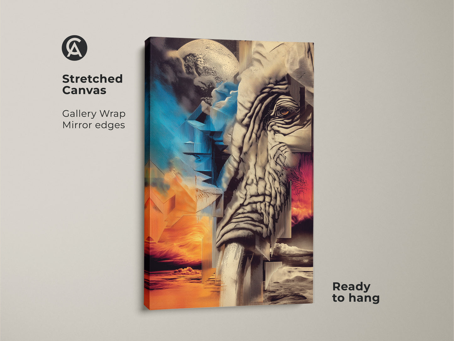 A Stretched Canvas version of surreal elephant canvas art. This abstract moon wall art is on display. Notice the gold blue animal print. Perfect eclectic bedroom decor or as a housewarming gift art. This is a great animal lover wall decor piece.