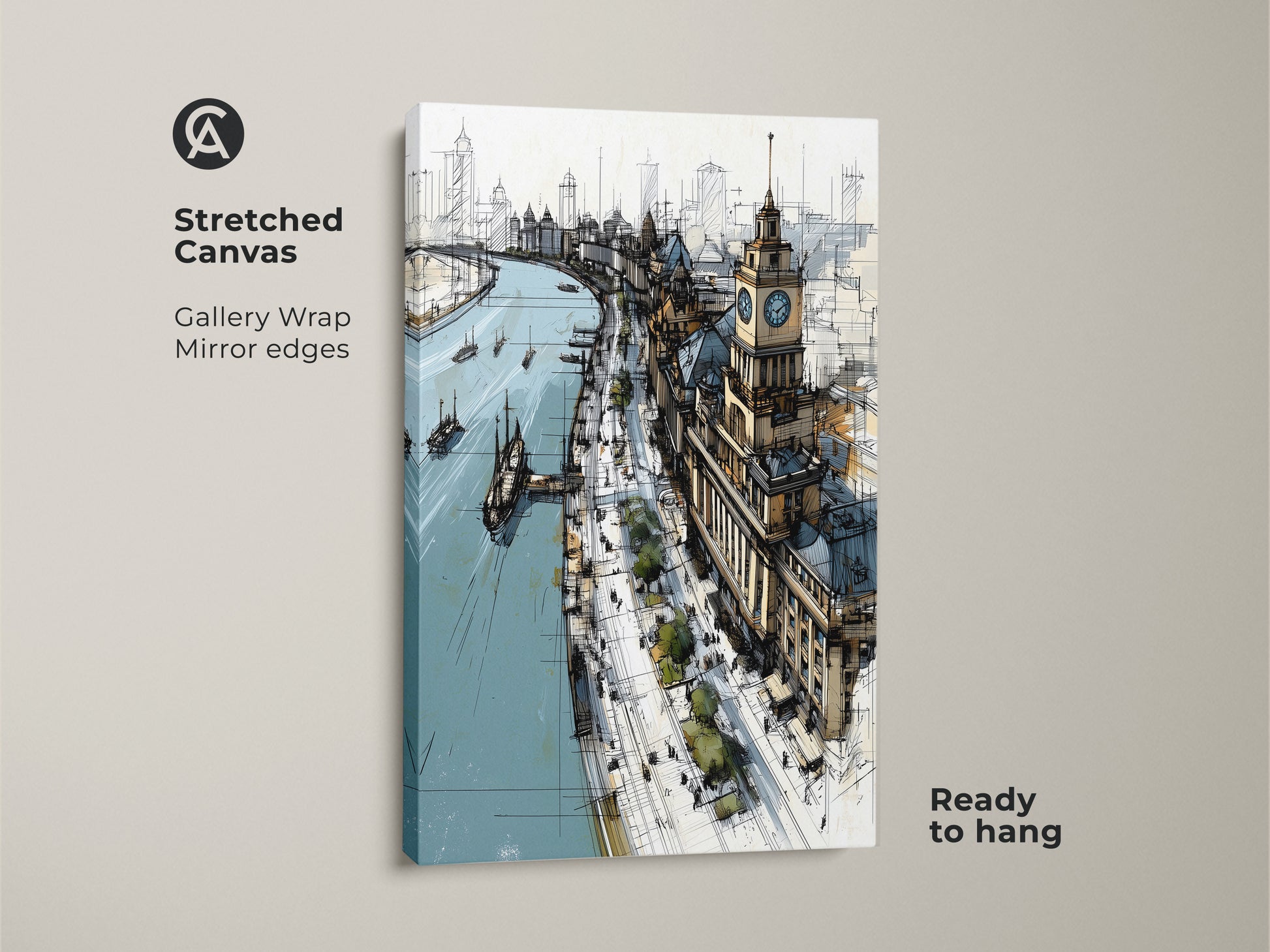 Stretched canvas art print of a cityscape sketch ready to hang. This gallery-wrapped art features mirror edges. Beige brown and blue artwork is ideal for contemporary office decor. A unique travel lover gift with architectural line art.