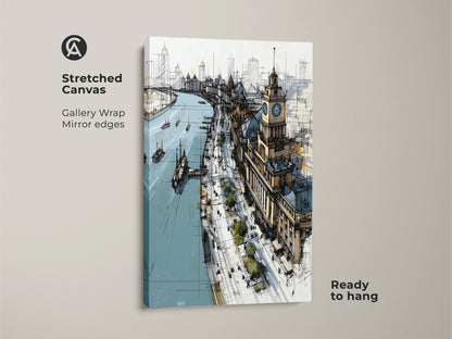 Stretched canvas art print of a cityscape sketch ready to hang. This gallery-wrapped art features mirror edges. Beige brown and blue artwork is ideal for contemporary office decor. A unique travel lover gift with architectural line art.