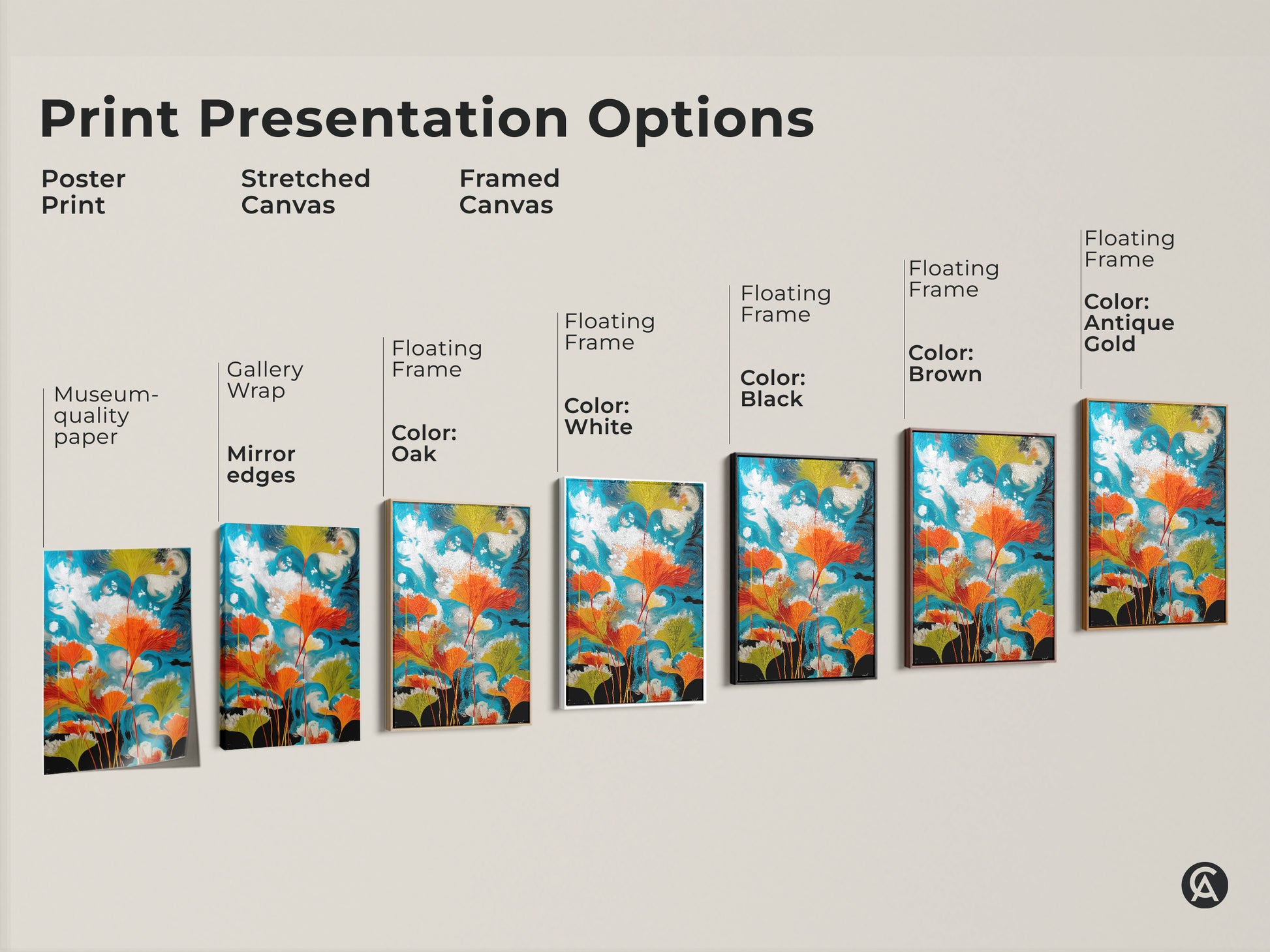 Discover various print presentation options. From poster prints on museum-quality paper to stretched canvas with gallery wrap. Framed canvas art includes floating frames in black brown white oak or antique gold. Shop abstract ginkgo leaf botanical wall art in teal and orange.