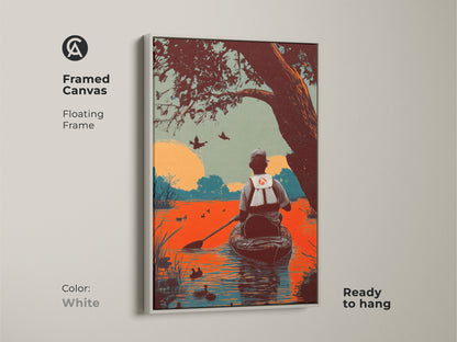 A framed canvas presents vintage duck hunting canoe art. This floating frame is white offers a clean modern aesthetic. This art print captures nature's beauty in orange and teal colors. The artwork is ready to hang making it a great gift.