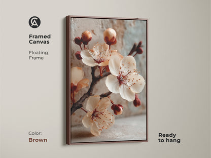 Framed cherry blossom canvas art with a brown floating frame. This modern floral wall hanging is ready to hang. The warm brown frame complements the botanical art.