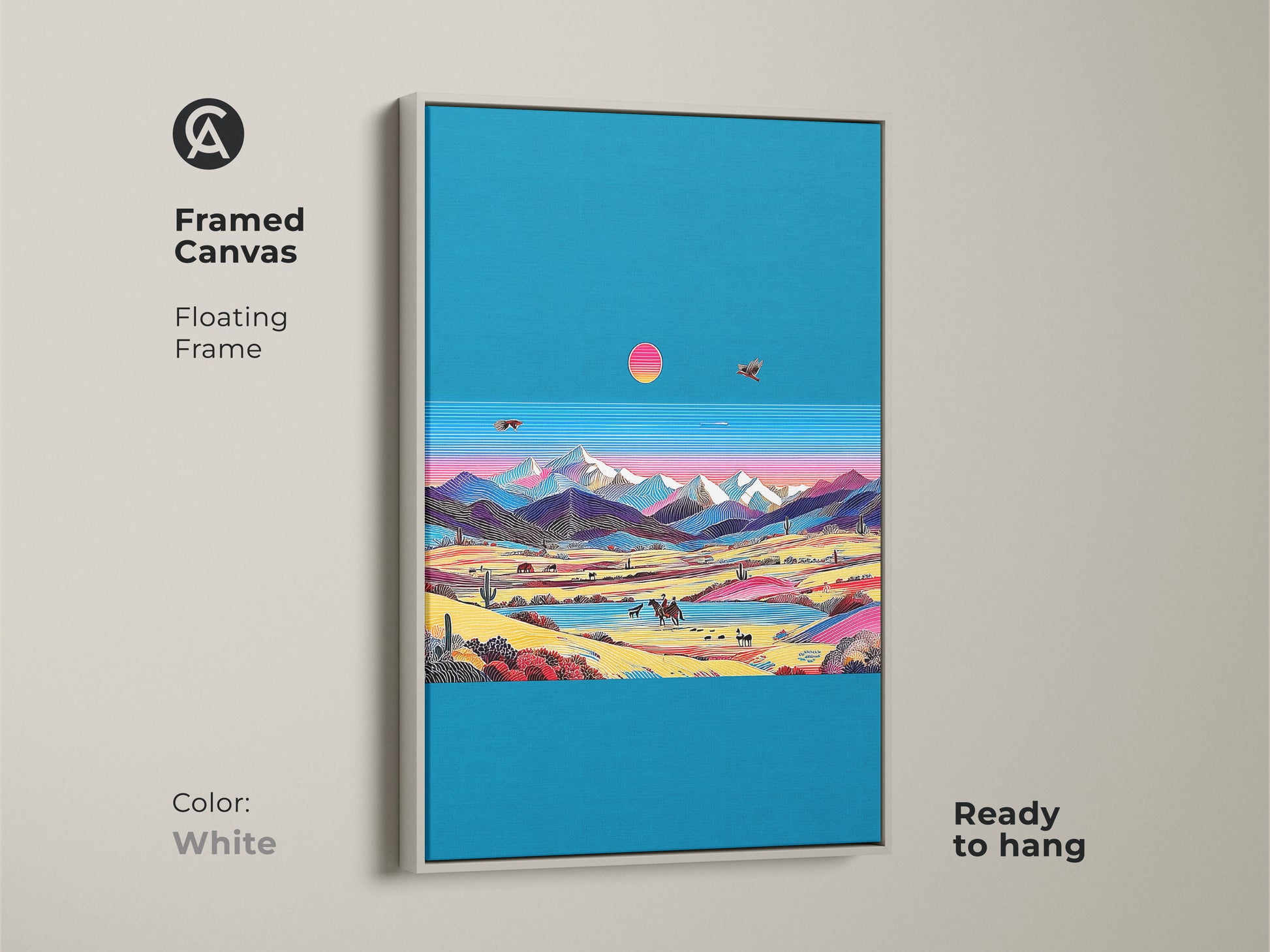 Framed canvas art of a retro wave desert landscape with a white floating frame. A vintage cowboy mountain scene. The teal and pink colors create eclectic wall decor. Perfect as a boho travel gift idea. A colorful desert vista print. Ready to hang.