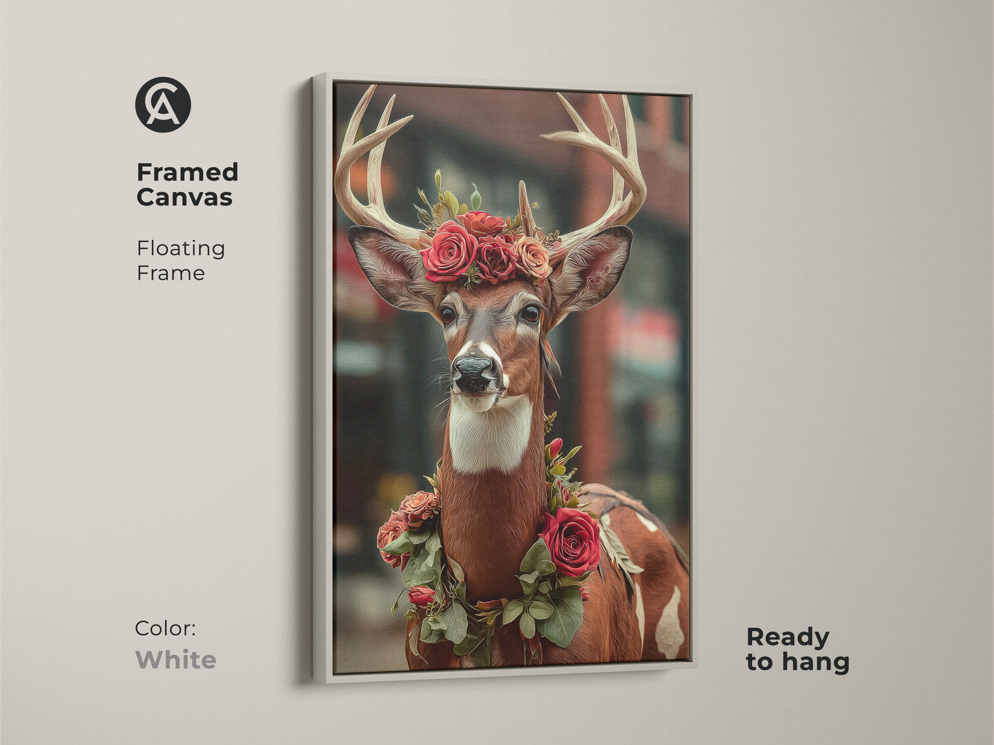 This framed canvas has a white floating frame. It features the deer with roses artwork. It is ready to hang. Perfect as a birthday gift for a nature lover. Add a surreal animal art to your living room.
