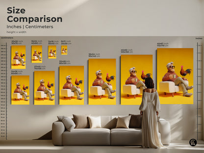 Size comparison of the man with rooster art print in inches and centimeters. Various sizes displayed in a living room setting. Ranging from 20x30 cm to 45x67 inch. Find the perfect size for your eclectic living room art. This 3D render art adds charm to any space. Gift for bird lovers.