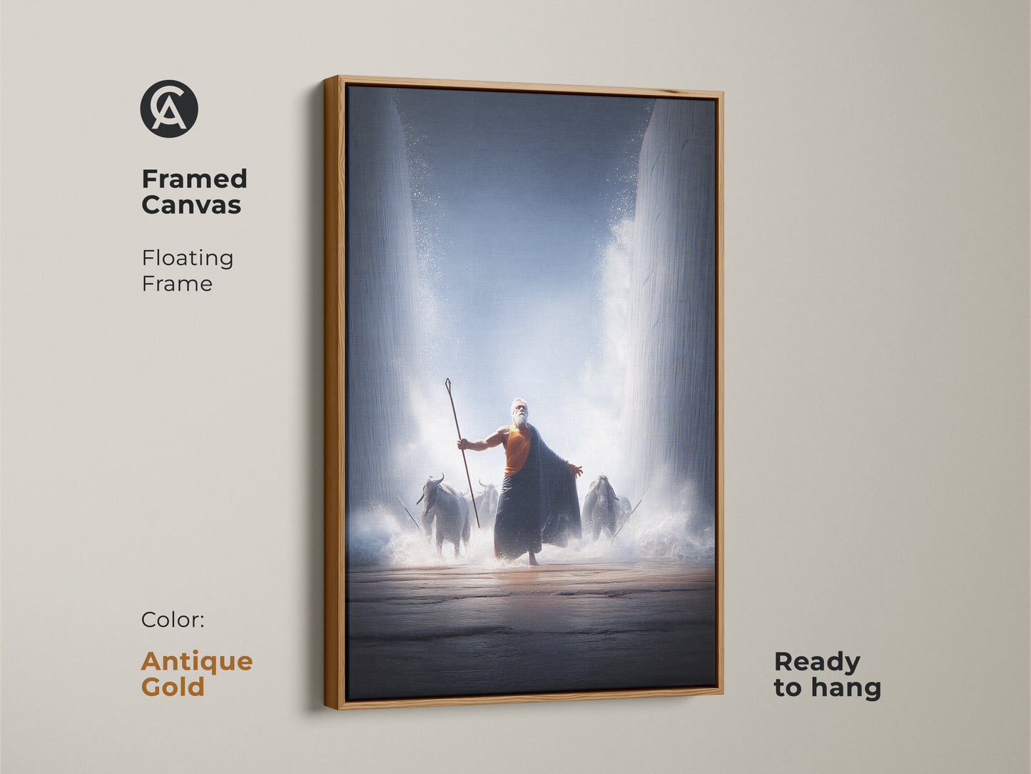 A framed canvas shows Moses parting the Red Sea. An antique gold floating frame adds elegance to this biblical artwork. It’s ready to hang. The epic bible scene features dark blue and orange. This religious wall art is perfect for a study room or office. A unique gift for faith collectors. It captures divine intervention.