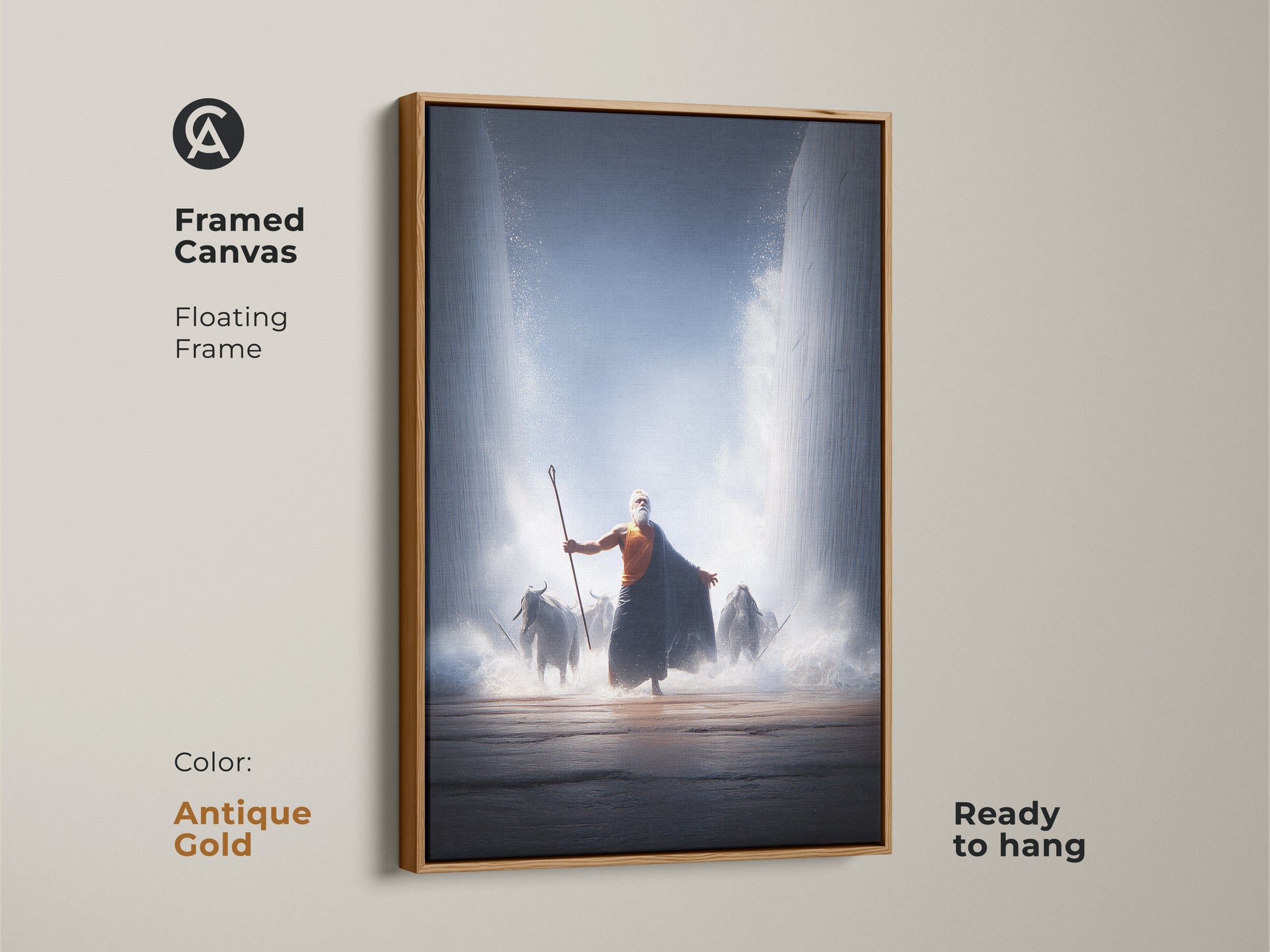A framed canvas shows Moses parting the Red Sea. An antique gold floating frame adds elegance to this biblical artwork. It’s ready to hang. The epic bible scene features dark blue and orange. This religious wall art is perfect for a study room or office. A unique gift for faith collectors. It captures divine intervention.