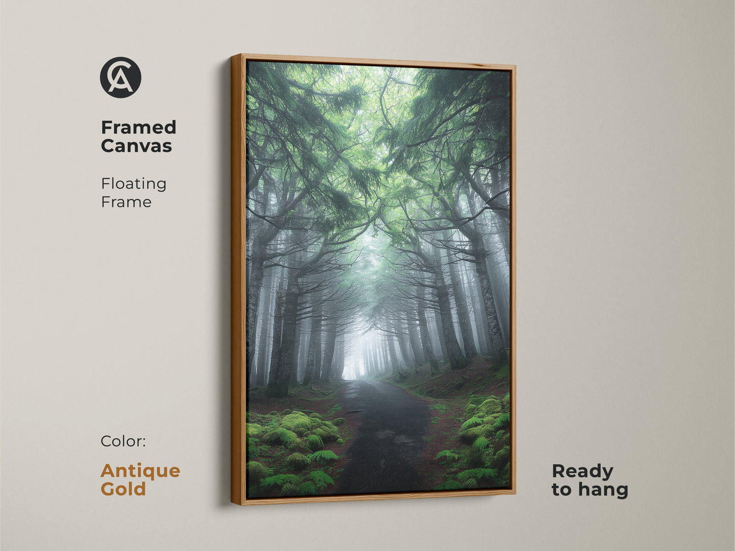 Framed canvas art with a misty forest path view. Antique gold floating frame accents the emerald green pine trees. This ready-to-hang rustic nature wall decor enhances any interior. It's a perfect housewarming gift for nature enthusiasts. The forest path home decor adds charm.
