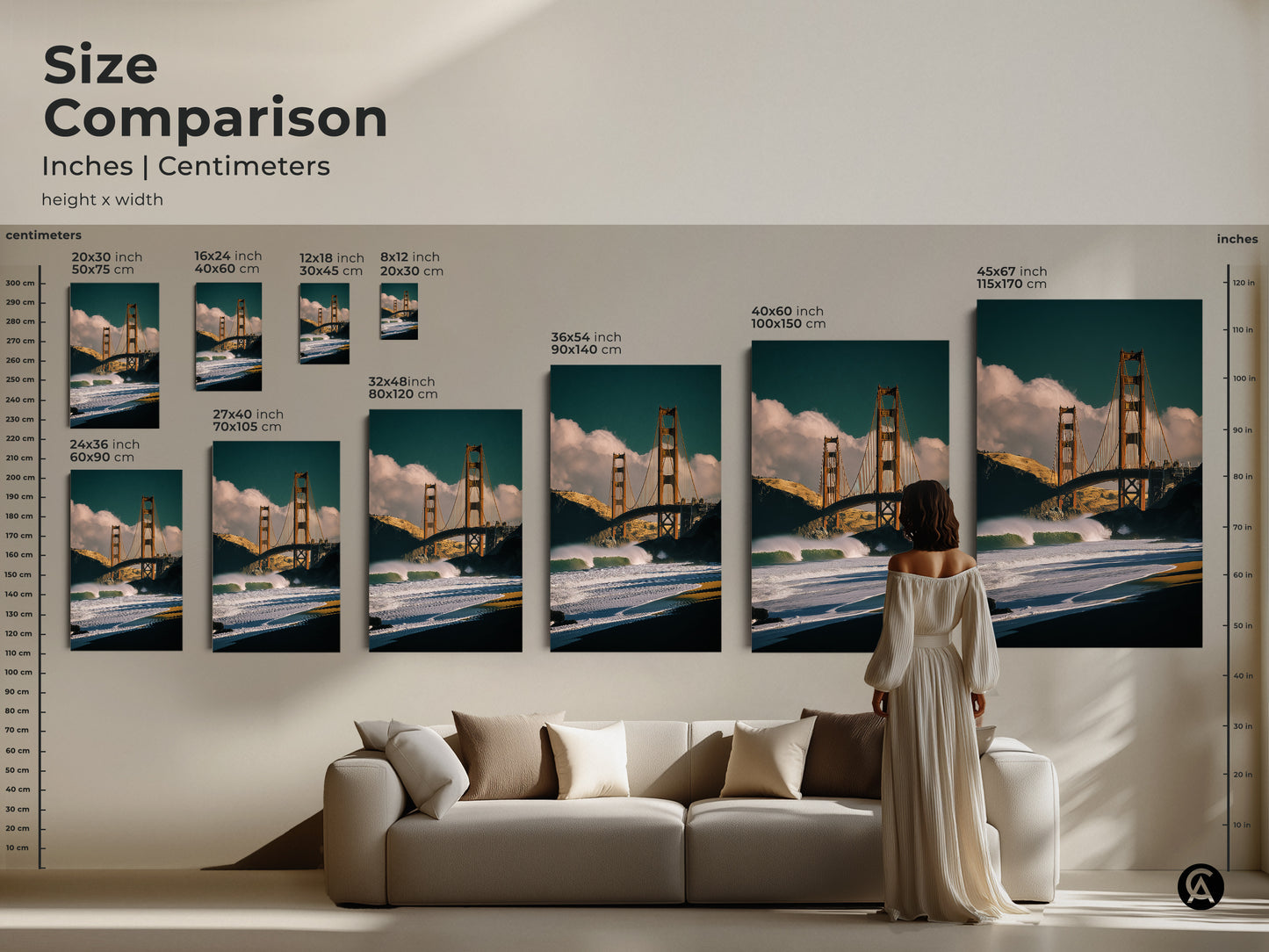 Size comparison of Golden Gate Bridge prints in inches and centimeters. See how the artwork fits above a sofa. Choose the perfect size for your contemporary home decor needs.