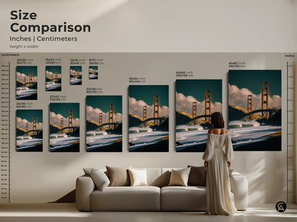 Size comparison of Golden Gate Bridge prints in inches and centimeters. See how the artwork fits above a sofa. Choose the perfect size for your contemporary home decor needs.