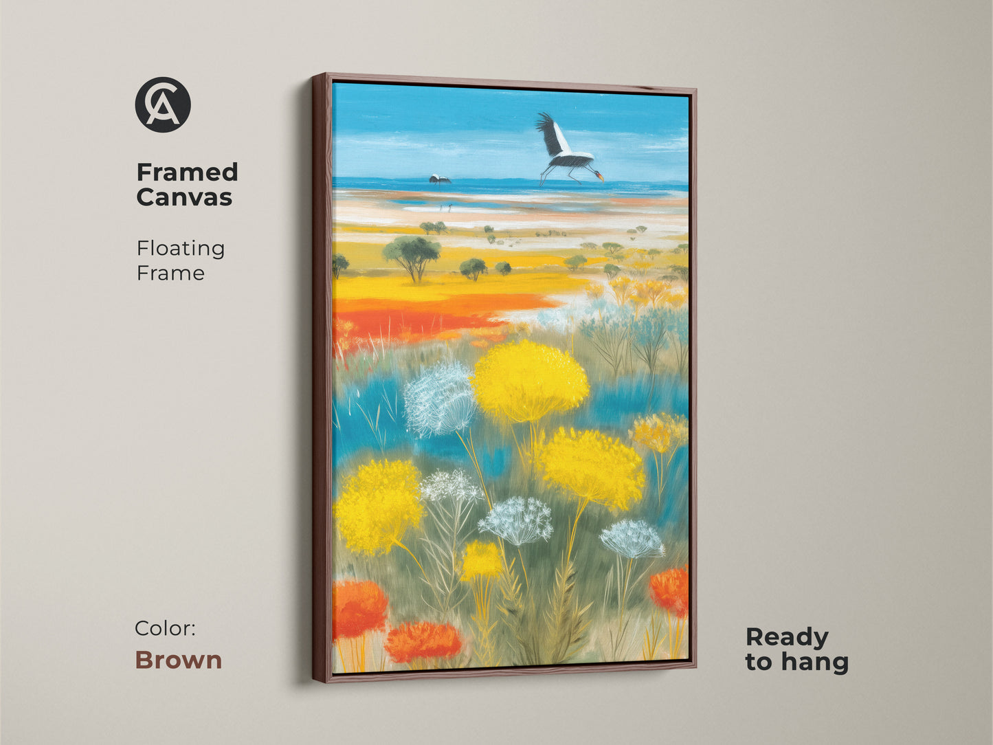 Framed canvas with a brown floating frame showing a crane over a wildflower landscape. The artwork features beautiful sky blue and golden yellow hues. Ready to hang nature wildlife wall art. Ideal for adding a vibrant touch to your home decor. This piece is great for gifting.