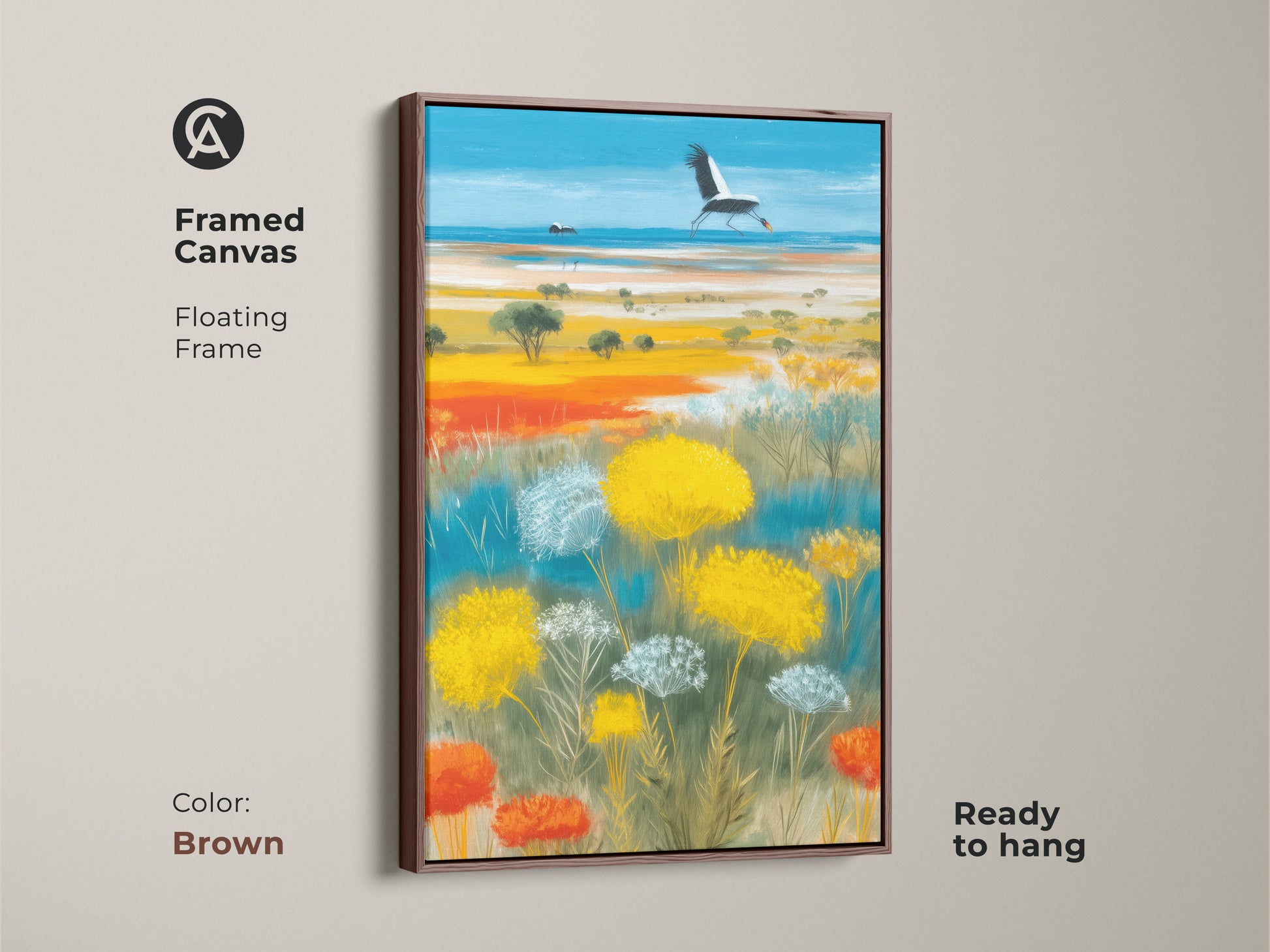 Framed canvas with a brown floating frame showing a crane over a wildflower landscape. The artwork features beautiful sky blue and golden yellow hues. Ready to hang nature wildlife wall art. Ideal for adding a vibrant touch to your home decor. This piece is great for gifting.