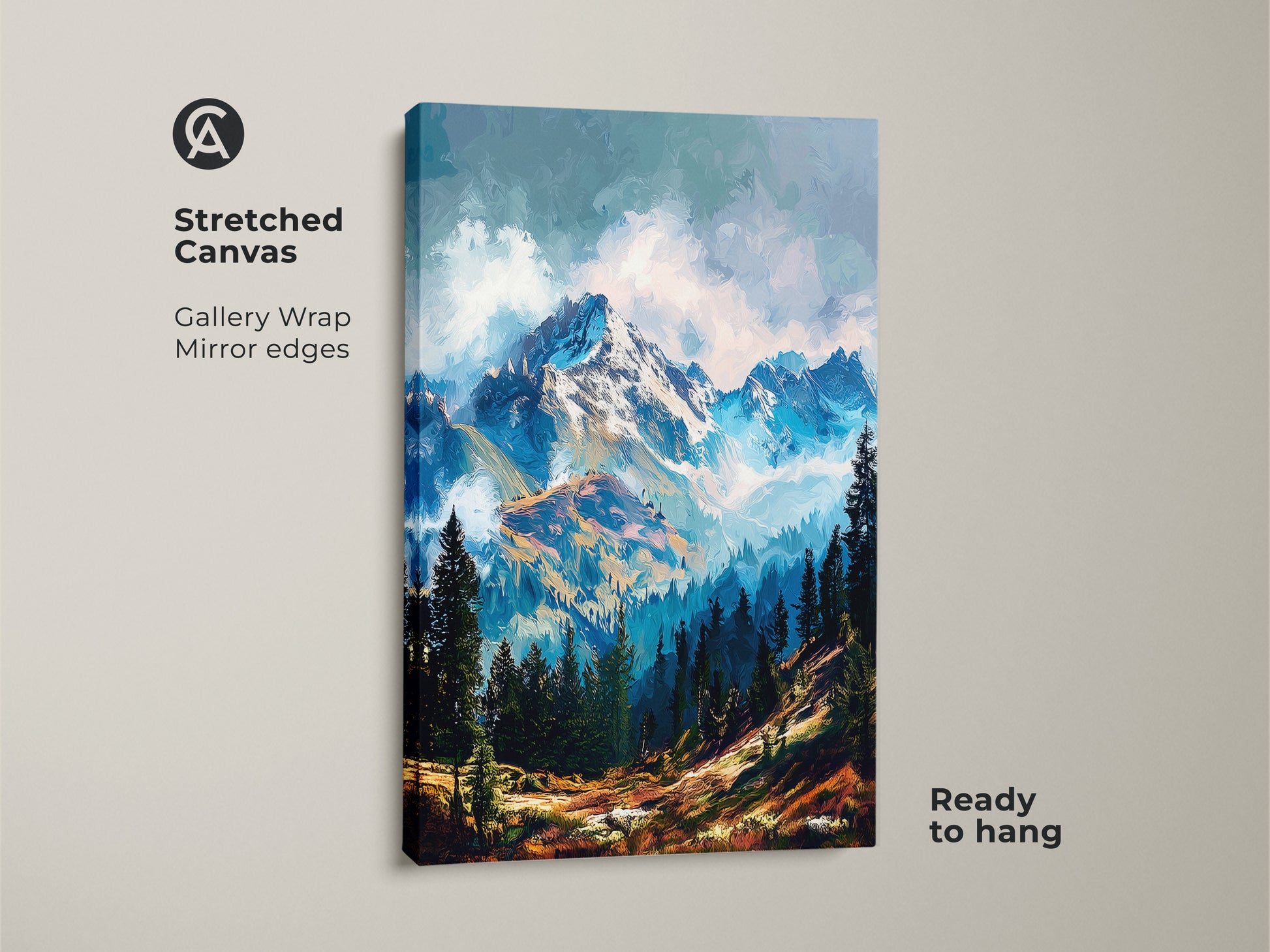 Elevate your home decor with this stretched canvas mountain artwork. The gallery-wrapped canvas features a mirror edge. It showcases a majestic mountain scene with vibrant colors. The artwork is ready to hang and enjoy.