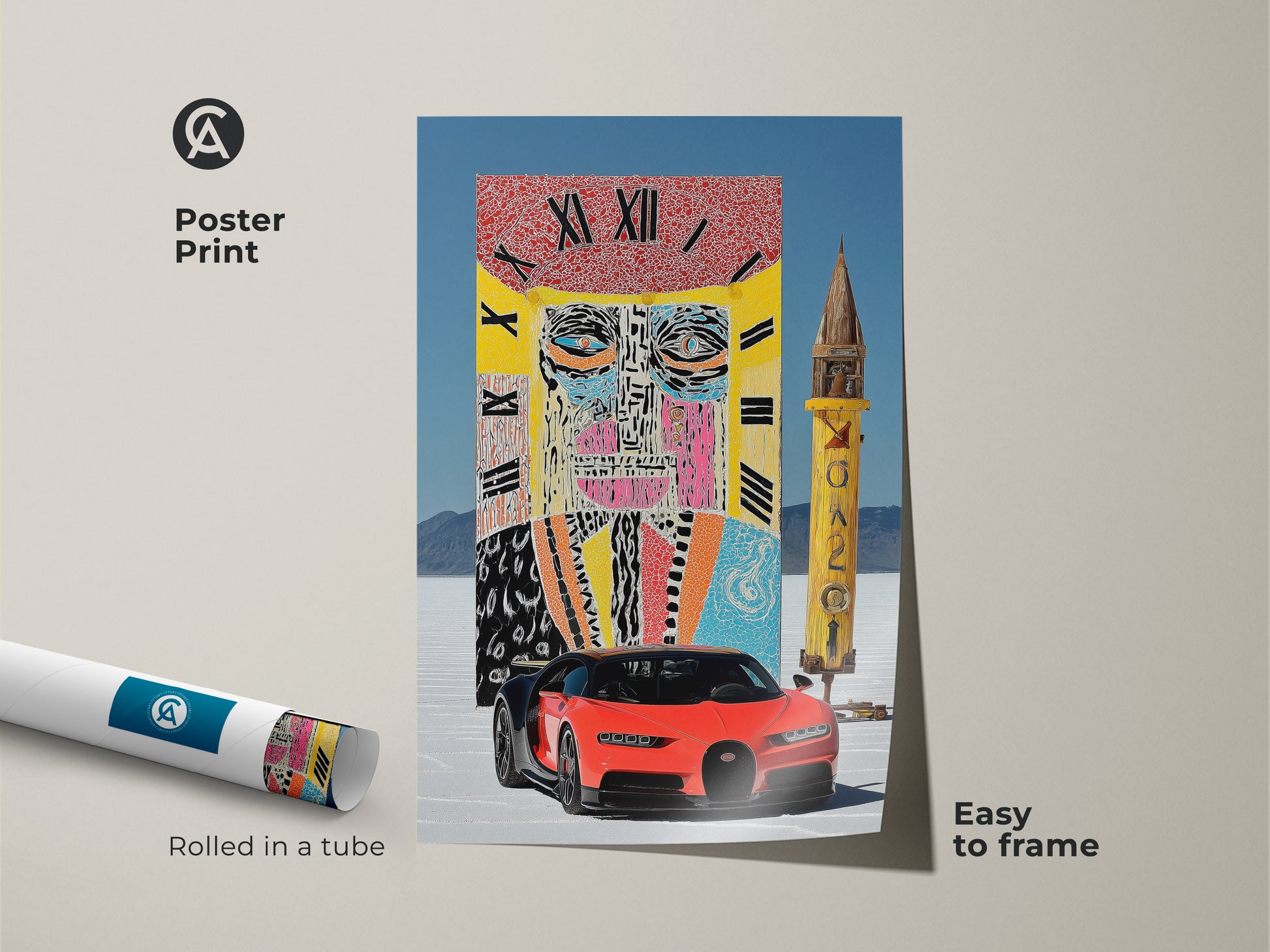 This poster print displays surreal face clock and a vibrant sports car. Rolled in a tube for protection it's easy to frame. Perfect for adding an artistic touch to any space. The blend of pop art and surrealism creates a unique focal point. It will enhance your home or office decor.