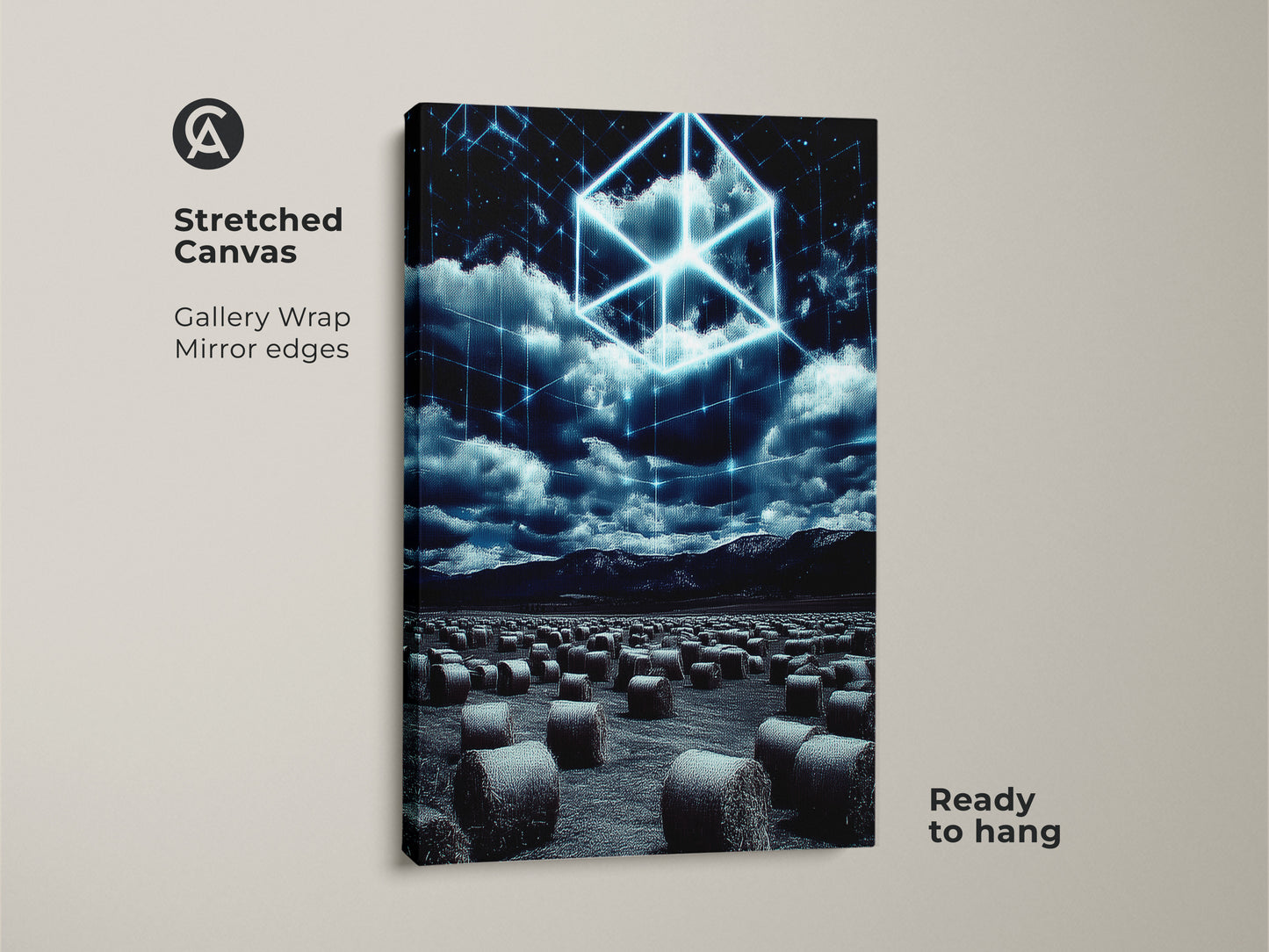 Stretched Canvas Print featuring a Futuristic Landscape. The Gallery Wrapped electric blue cube art has mirrored edges. This tech themed abstract art is ready to hang. This modern office decor print will add a unique touch to any room.