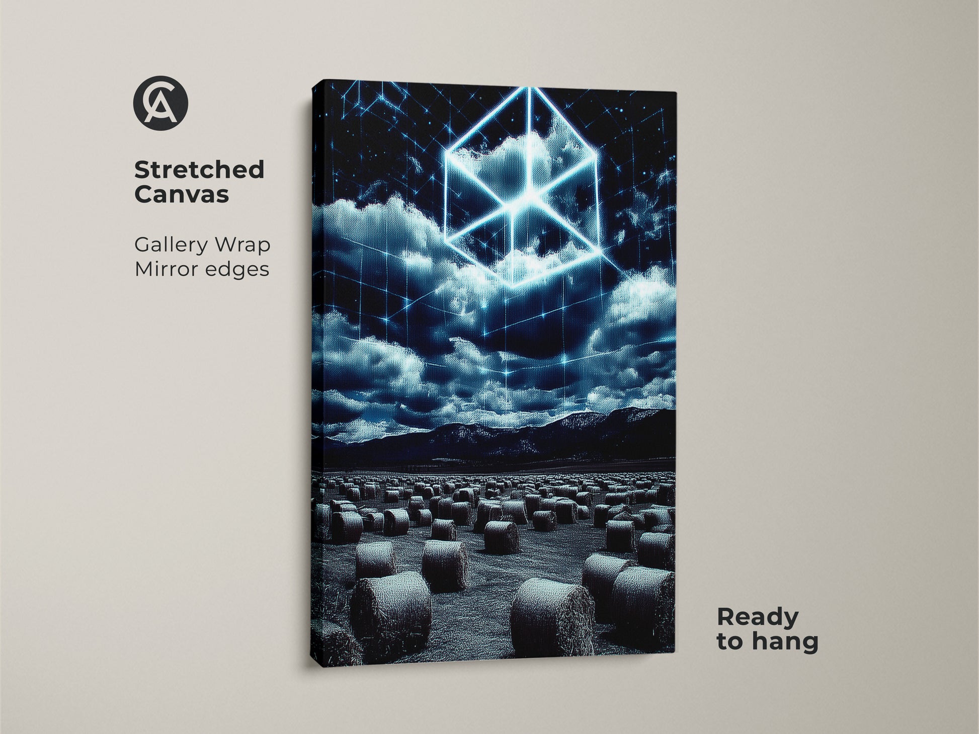 Stretched Canvas Print featuring a Futuristic Landscape. The Gallery Wrapped electric blue cube art has mirrored edges. This tech themed abstract art is ready to hang. This modern office decor print will add a unique touch to any room.