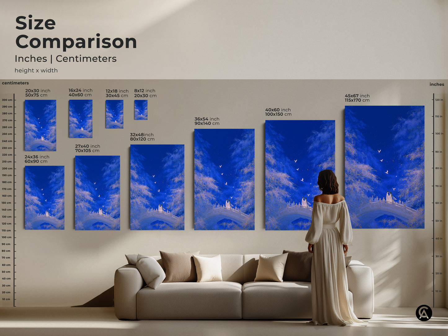 Size comparison of Romantic Couple Bridge artwork. Various sizes are available in inches and centimeters. Perfect for eclectic bedroom decor and a unique wedding anniversary gift. Choose the perfect size for your space.