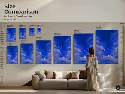 Size comparison of Romantic Couple Bridge artwork. Various sizes are available in inches and centimeters. Perfect for eclectic bedroom decor and a unique wedding anniversary gift. Choose the perfect size for your space.
