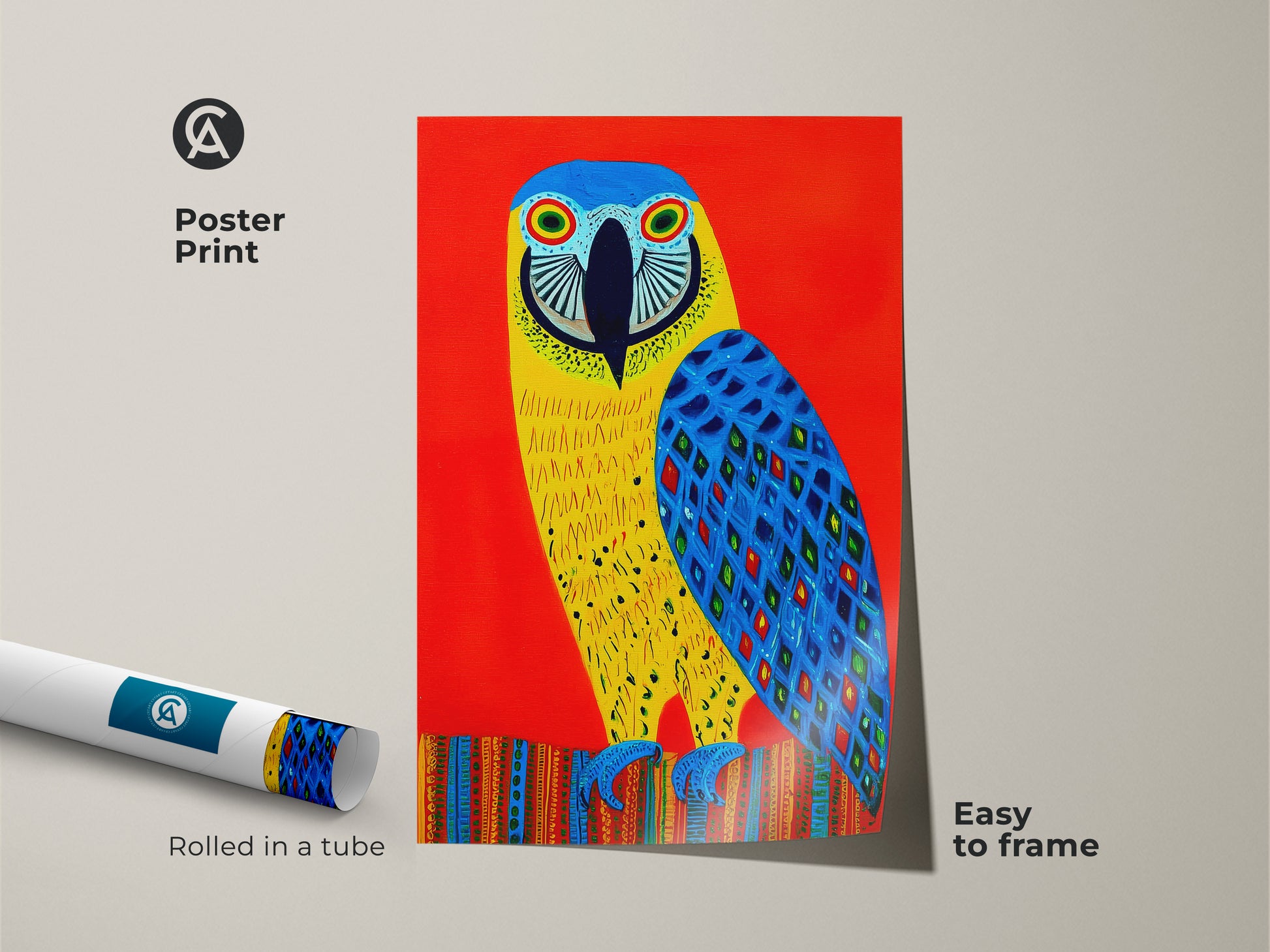Poster print of a folk art macaw. Easy to frame this tropical bird artwork adds vibrant flair to any room. The rolled tube ensures safe delivery. Ideal for sunroom or study decor.
