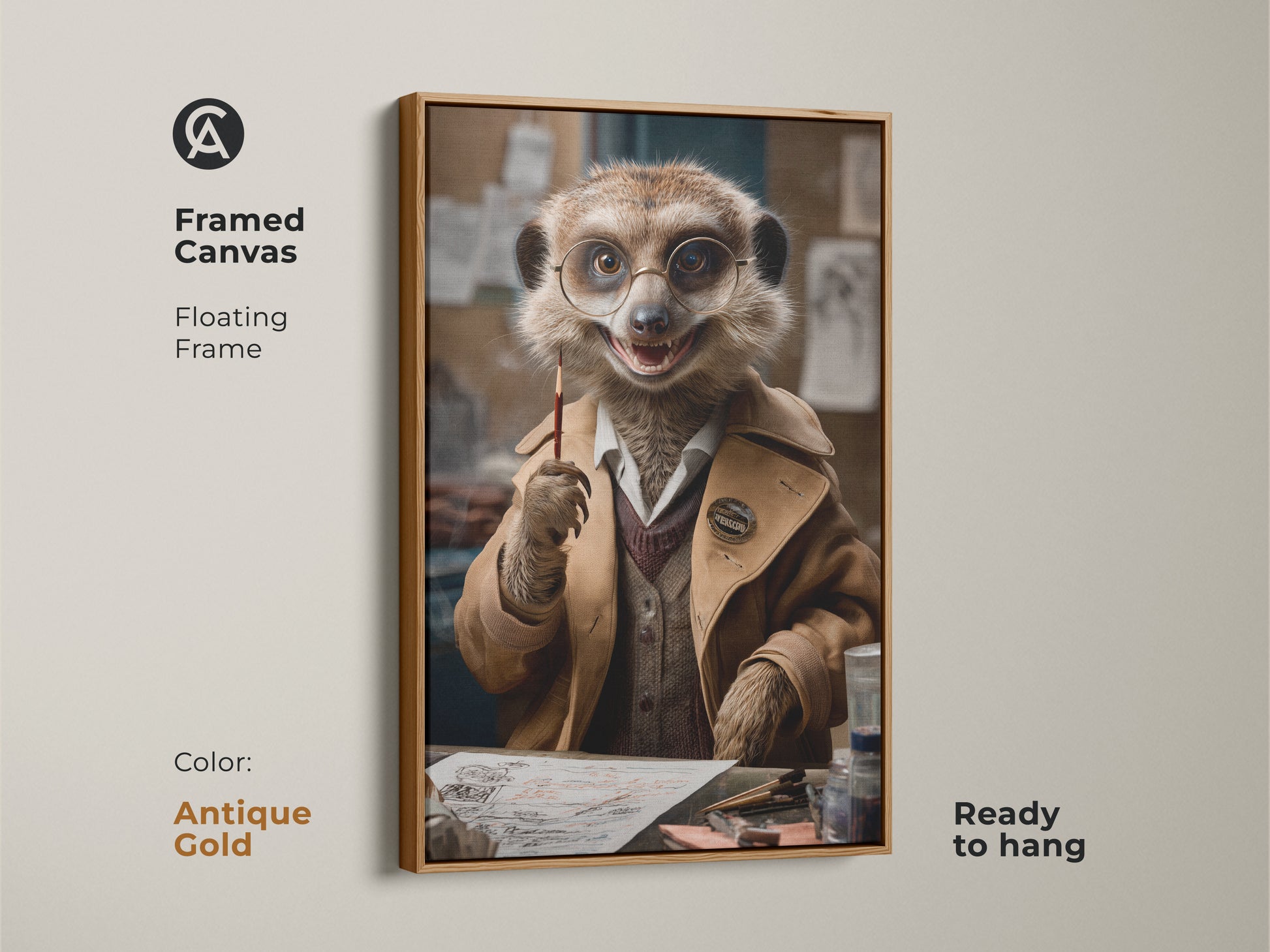 Framed canvas with a dapper meerkat wearing glasses in an antique gold floating frame. This ready-to-hang artwork is a funny and quirky home office decor piece. It's an ideal gift for animal lovers showcasing an eclectic and unique art print.