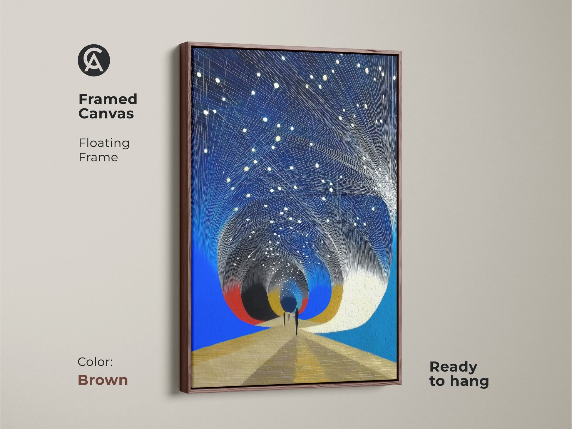 Framed abstract geometric painting in a brown floating frame. Ready to hang this gold accent art print adds sophistication. It's perfect for modern decor or as a stargazers gift.