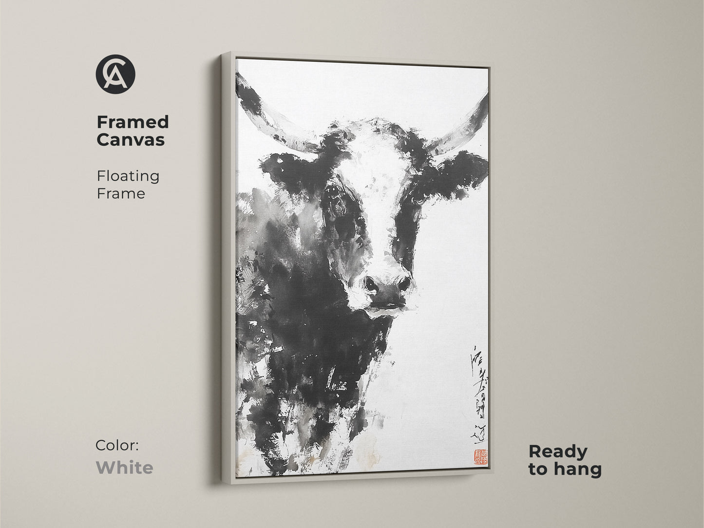 A framed canvas featuring a painting of a bull. The floating frame is white. This artwork is ready to hang. This painting will complement any decor. This simple yet striking animal artwork is a great choice for your home.