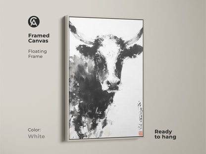 A framed canvas featuring a painting of a bull. The floating frame is white. This artwork is ready to hang. This painting will complement any decor. This simple yet striking animal artwork is a great choice for your home.