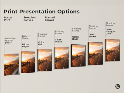 Explore print presentation options for cycling wall art. Choose from poster prints stretched canvas and framed canvas. Featuring a mountain road sunset this artwork is perfect for any space. Options include gallery wrap mirror edges and floating frames in various colors.