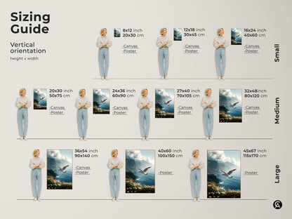 Sizing Guide for Vertical Orientation Canvas and Poster Prints. Choose from small medium and large sizes. Find the ideal fit for your space with dimensions in inches and centimeters. Visualize how each size will enhance your wall.