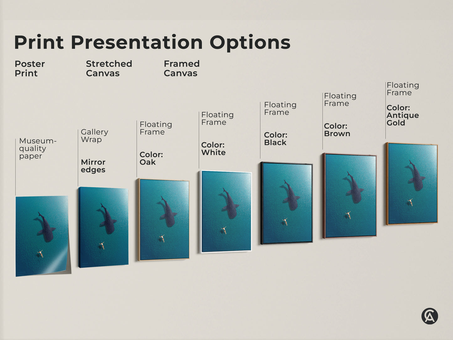 Explore ocean wall art options: poster prints stretched canvas and framed canvas. Discover the perfect presentation for this stunning swimmer and whale shark artwork. Museum-quality paper gallery wrap and floating frames enhance this deep blue turquoise coastal art.